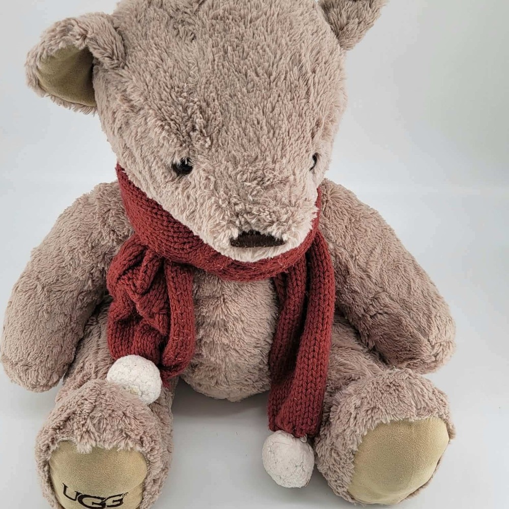 UGG Plush Teddy Bear Tan Faux Fur Stuffed Animal Burgundy Red Knit Scarf Logo